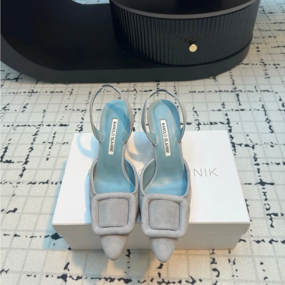 Manolo Blahnik Light Gray Suede Pointed Slingback Pumps with Buckle